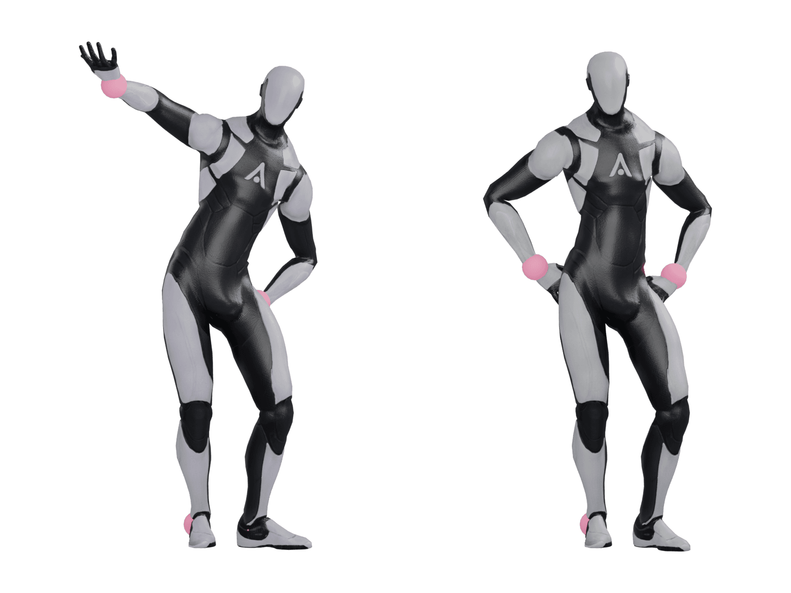 A rough pose pointing up into the air with the torso out of plumb and a snapped wrist, pink handles at the joints, and the balanced hands-on-hips pose the model snapped it to
