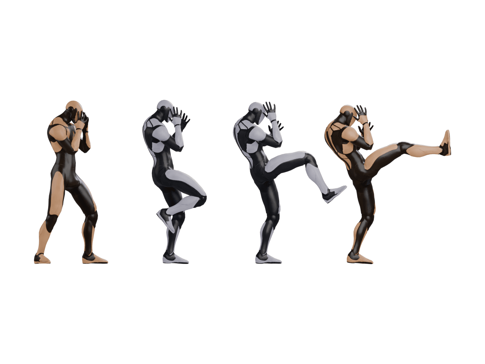 A guard stance and the peak of a high kick as two orange key poses, with two lilac in-betweens generated between them