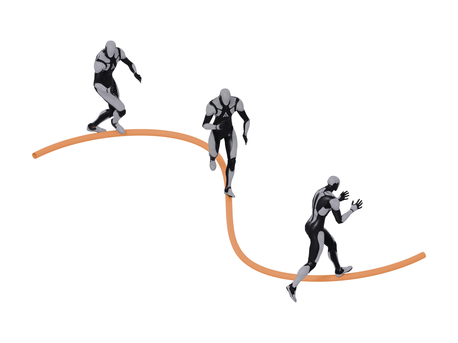 Three runners following a drawn orange S-shaped path; the middle one in the plain suit