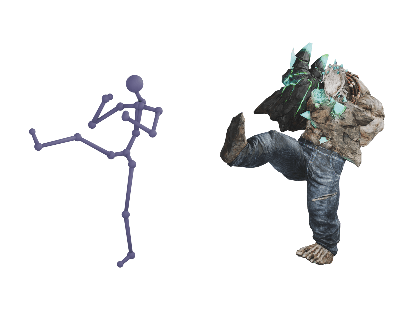 A captured high kick as a mauve skeleton, and the same kick carried onto a hulking Mixamo mutant it was never captured for