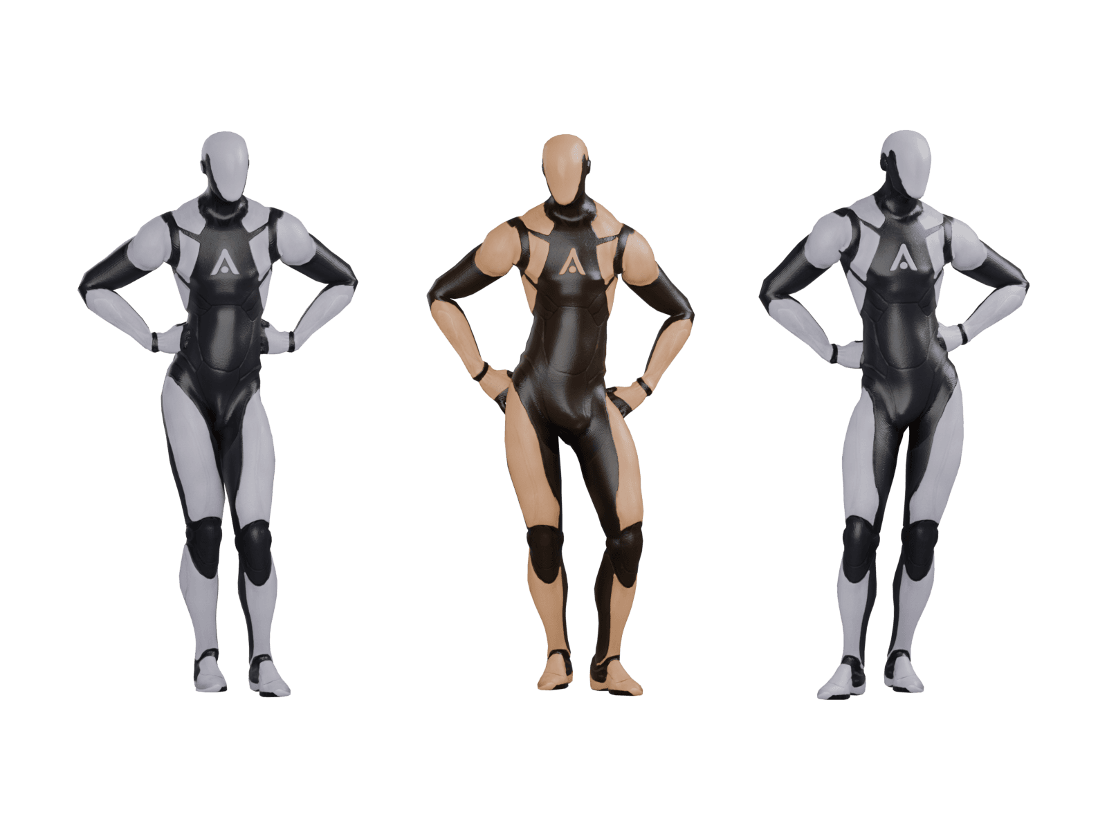 Three generated candidates for hands on hips; the chosen one in orange