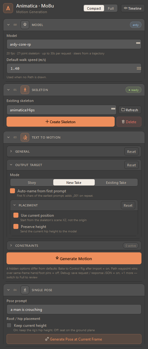 The main Animatica window in Compact layout: Model and Skeleton trimmed to the picker and the Create / Delete buttons, Text to Motion showing only Output Target with Placement, the collapsed Constraints sub-card, Generate Motion with the hidden-options hint beneath it, and Single Pose reduced to the prompt and Keep current height.