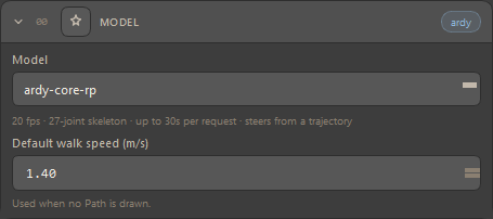The Model card: the model dropdown, the facts line the server fills in beneath it, and the Default walk speed field that only the trajectory-driven model shows.