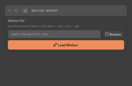 The Motion Import window: the motion-file field with Browse, and the Load Motion button.